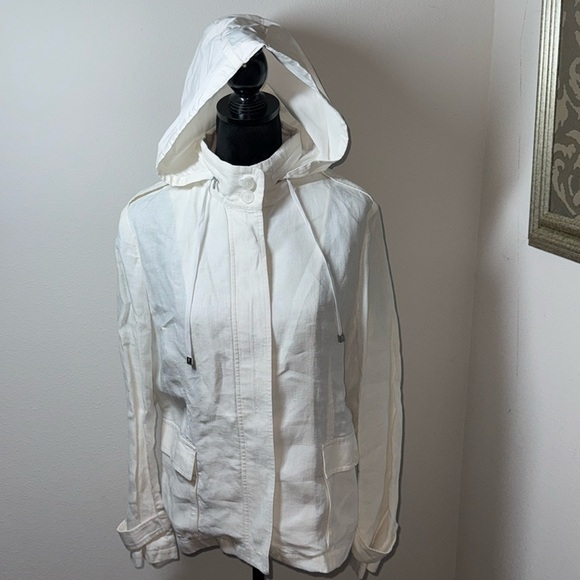 Talbots white Linen full front zipper utility high collar hiddenhoodie jacket 14 - Picture 3 of 13